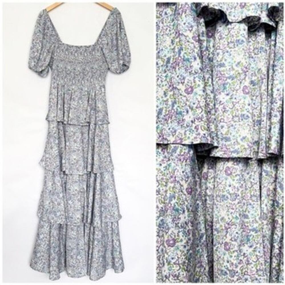 Entro Smocked Floral Maxi Dress Square Neck Layered Ruffle Blue Green Size Large